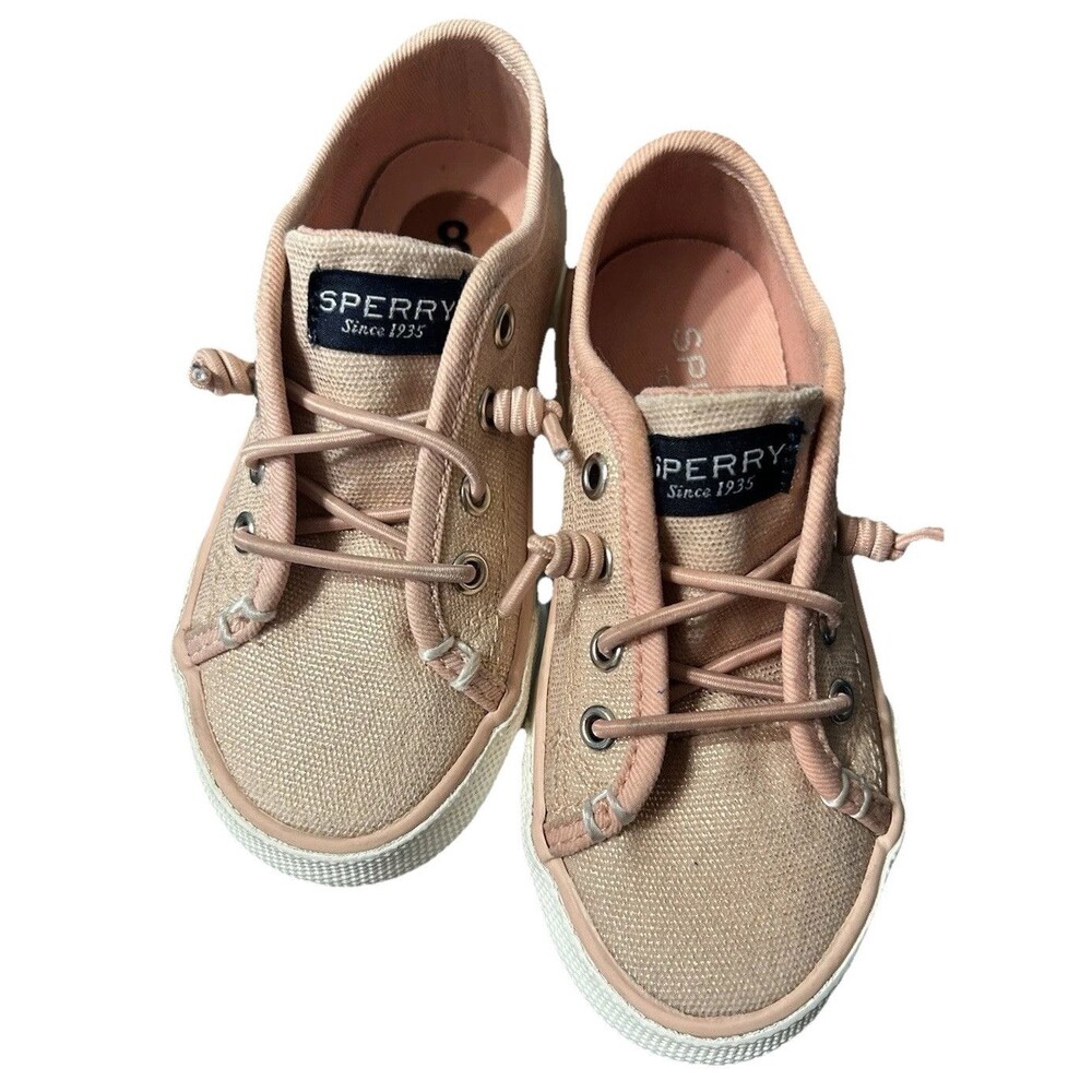 Sperry Iridescent Pink Little Girl Canvas Sneakers Size 8 logo pul on